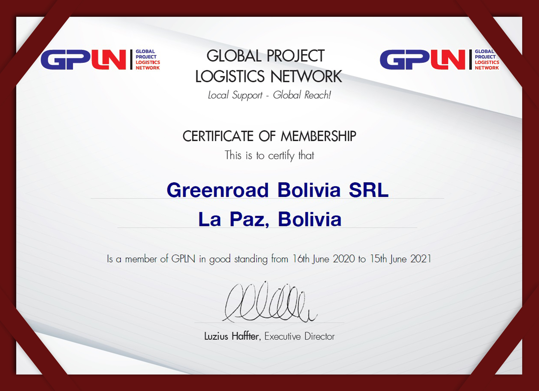 Certificate Greenroad Bolivi