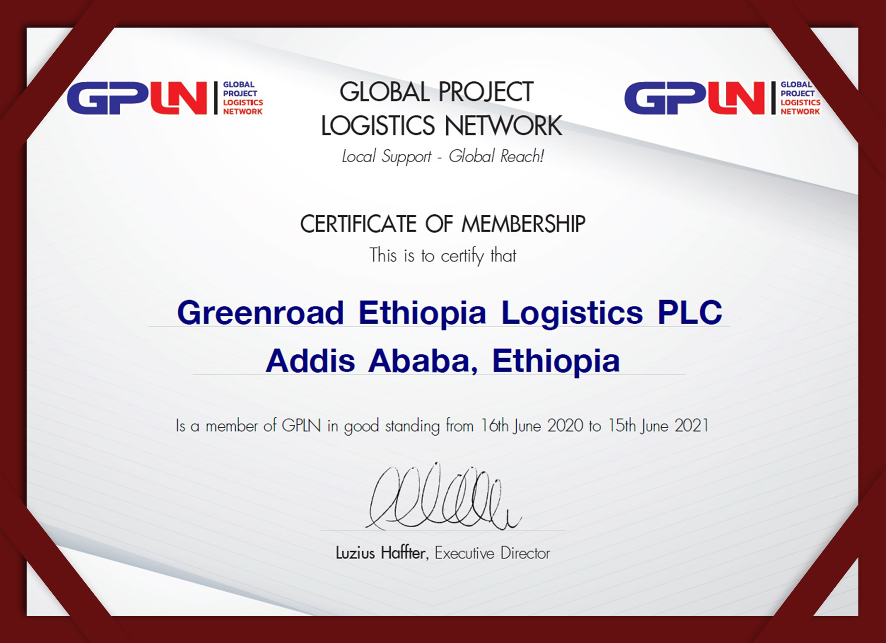 Certificate Greenroad Ethiopia